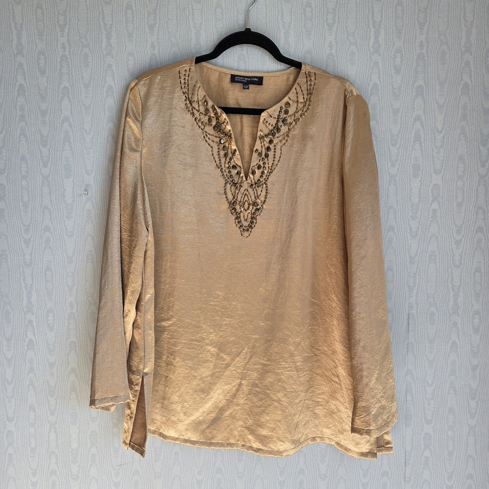Jones New York Womens XL Gold Beaded Boho Festive Holiday Long Sleeve Blouse
